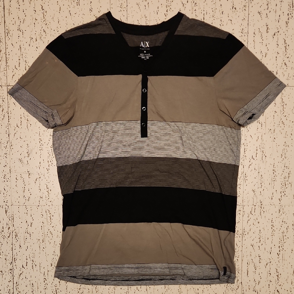 Armani Exchange 1/4 Button Down V-Neck Stripe Block T-Shirt